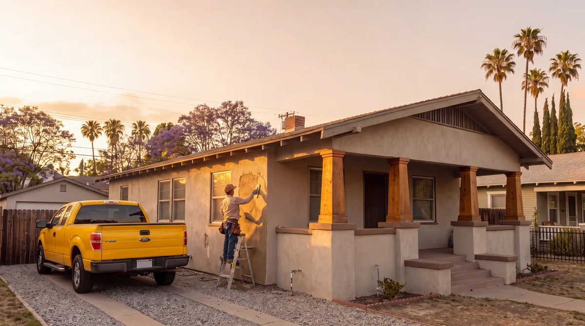 The exterior walls of a Los Angeles home, patched and painted.