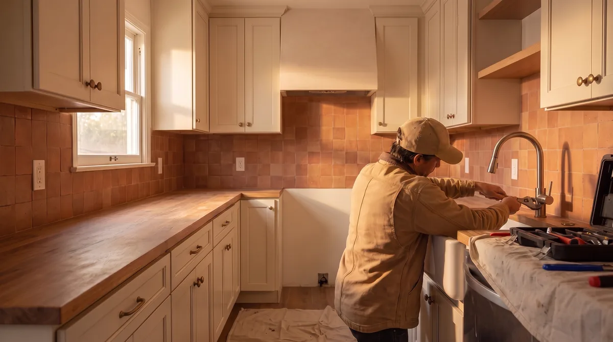 A finished kitchen with new fixtures, hardware, and backsplash.