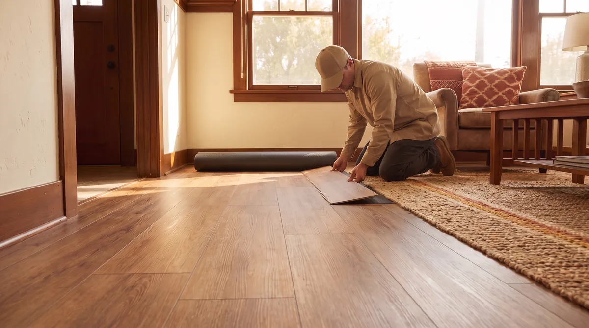 A living room with new vinyl plank flooring laid over a leveled subfloor.