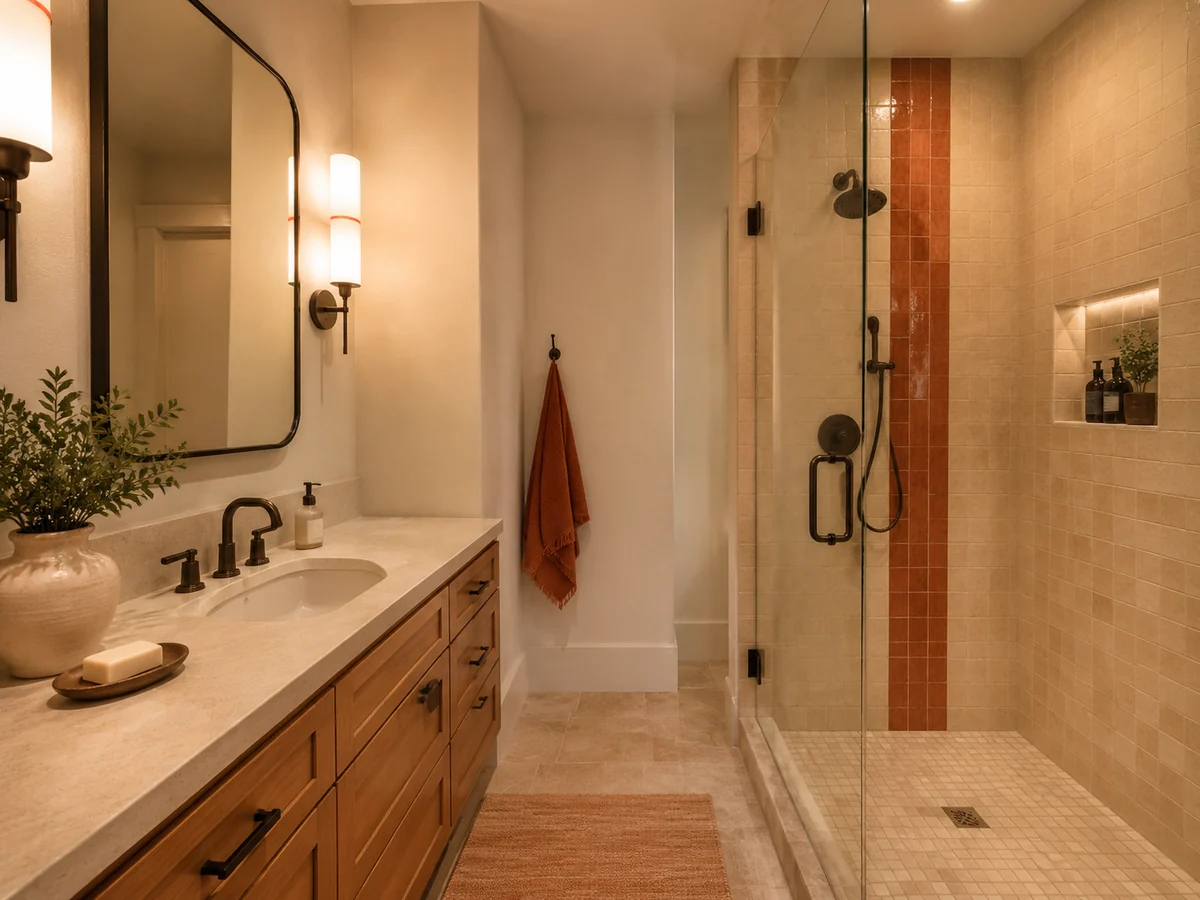 Bathroom remodel with terracotta accent tile in a glass shower, warm wood vanity, and stone counter.