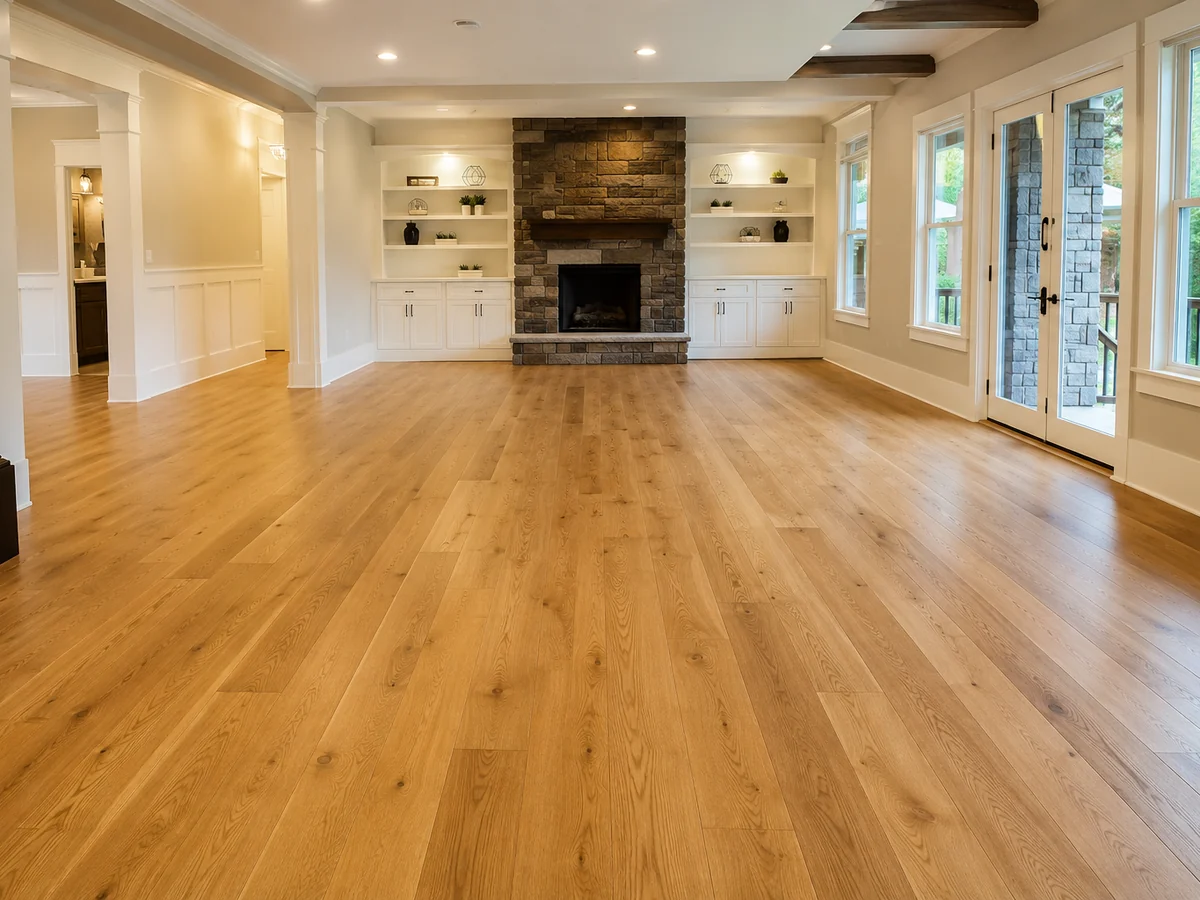Honey-toned wide plank oak flooring running through an open living space with a fireplace.