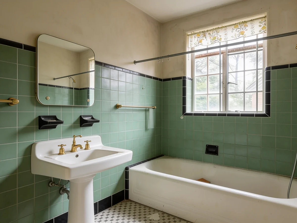 A bathroom tiled wall to floor: green field tile with a black trim course, a pedestal sink with brass fixtures, and a cast iron tub.