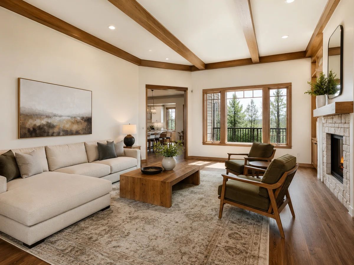 Freshly painted living room with cream walls, exposed wood beams, and hardwood floors.