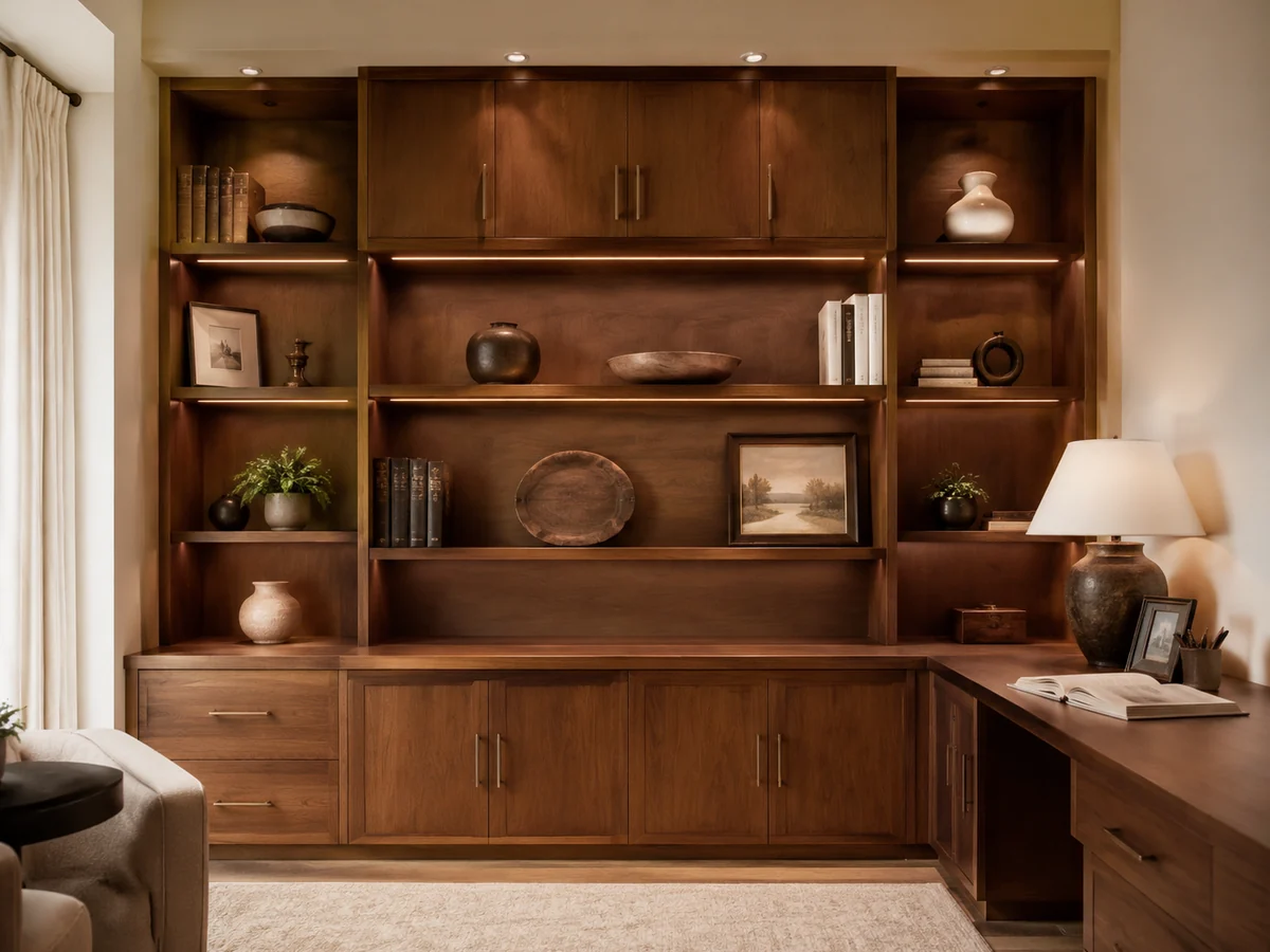 Custom warm wood built-in shelving with integrated lighting.