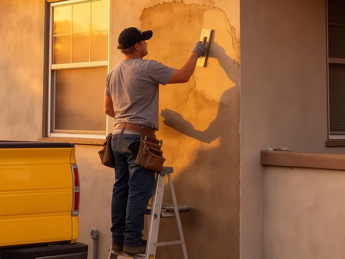 A crew member on a ladder floating a fresh finish coat onto an exterior wall at golden hour, tool belt on, work truck parked alongside.