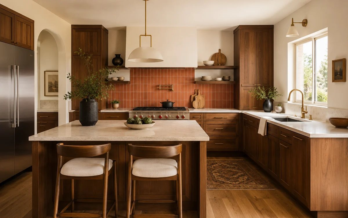 The same kitchen after: terracotta subway tile backsplash, rich wood cabinets, stone countertops, warm natural light.