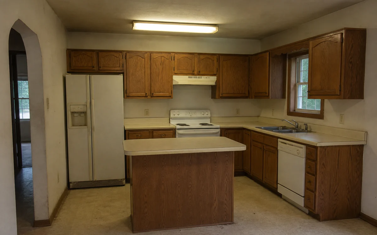 The kitchen before: dated oak cabinets, yellowed laminate counters, no tile backsplash, flat overhead light.